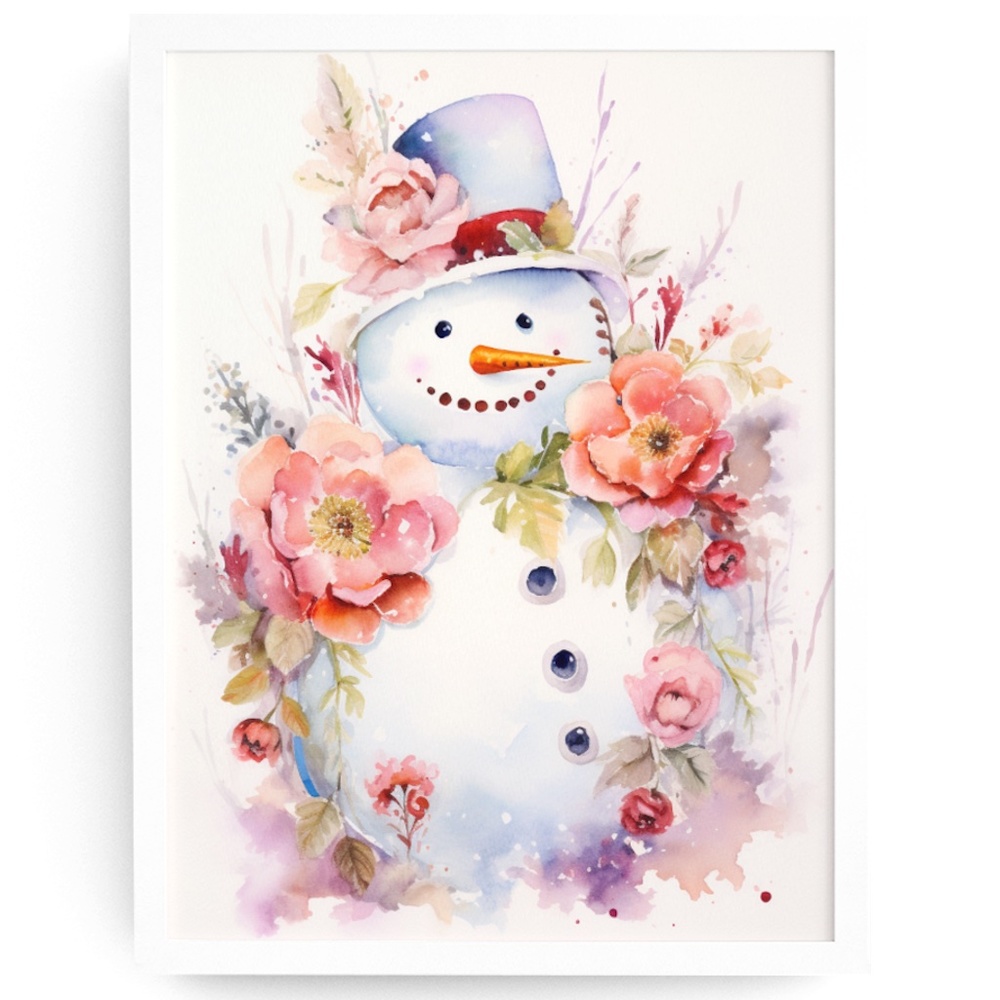 Watercolor Snowman Christmas Theme Wall Art Illustration Print Unframed